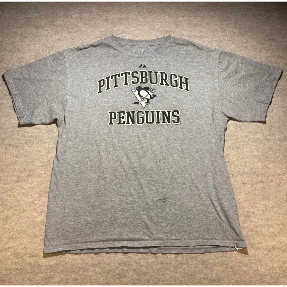 Majestic Pittsburgh Penguins NHL Graphic T-Shirt Mens XL Gray Short Sleeve Tee